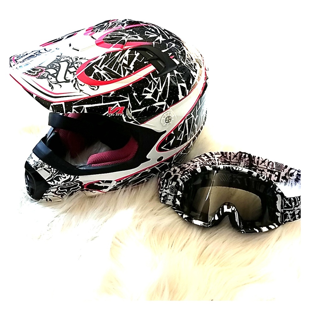 Fox riding helmet and goggles